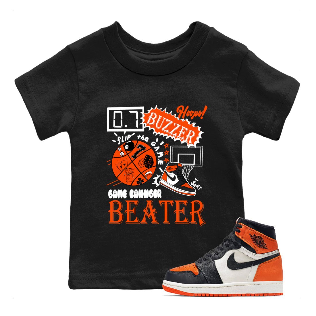 Game Changer baby and kids t-shirt crafted for little sneakerheads to shine with the Air Jordan 1 Shattered Backboard sneakers, displayed in Black 1.