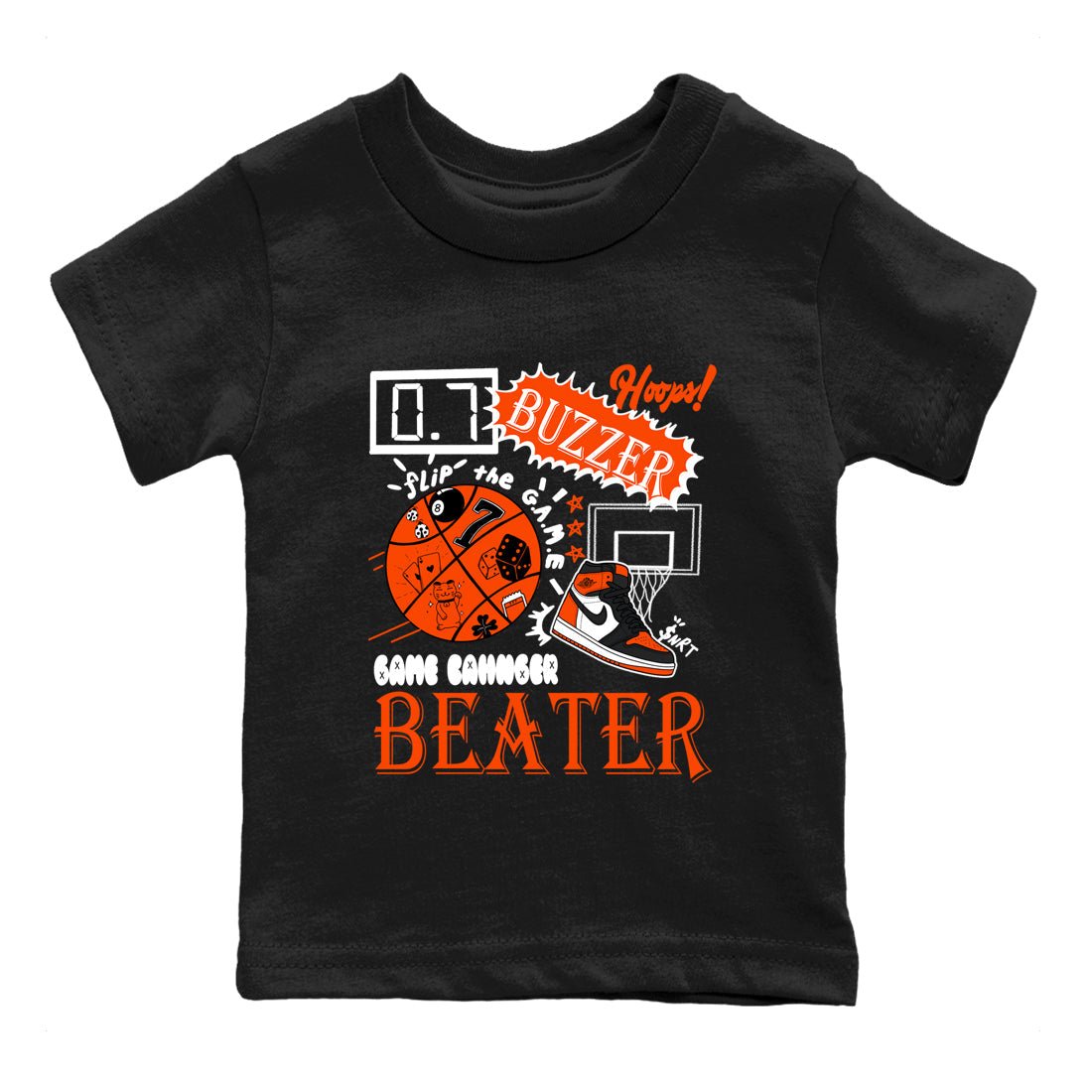 Game Changer baby and kids t-shirt crafted for little sneakerheads to shine with the Air Jordan 1 Shattered Backboard sneakers, displayed in Black 2.