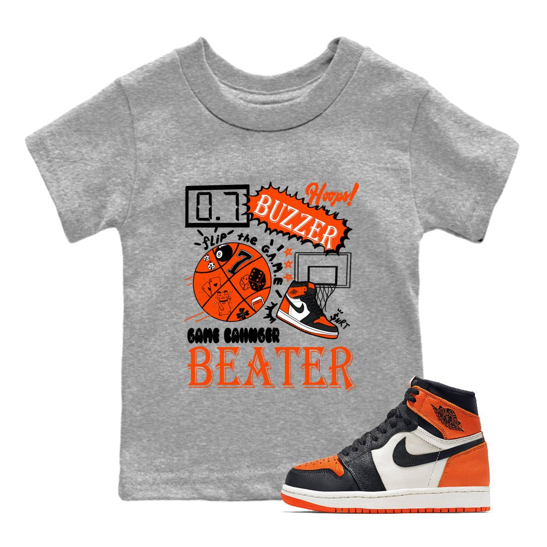 Game Changer baby and kids t-shirt crafted for little sneakerheads to shine with the Air Jordan 1 Shattered Backboard sneakers, displayed in Heather Grey 1.