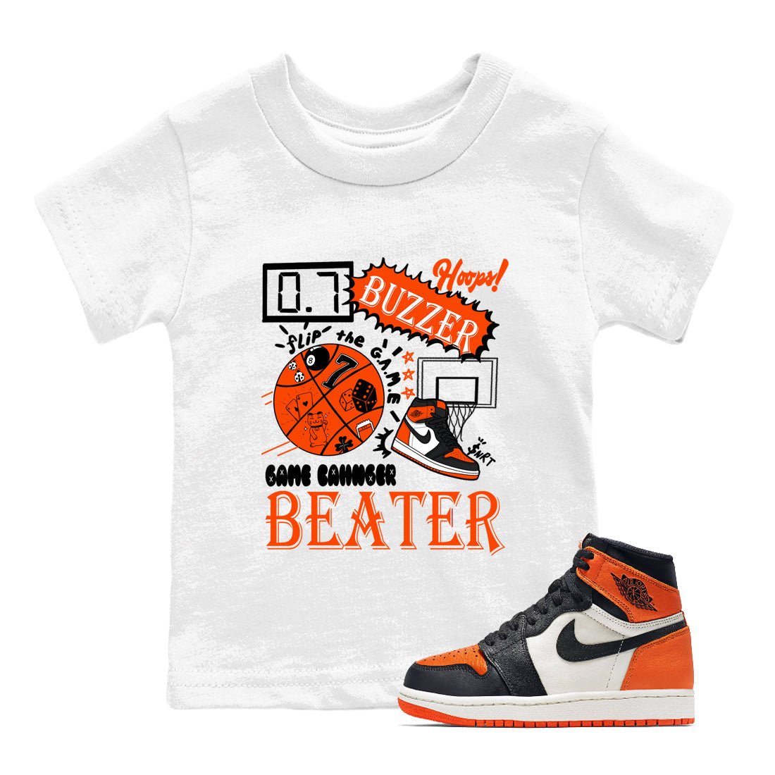 Game Changer baby and kids t-shirt crafted for little sneakerheads to shine with the Air Jordan 1 Shattered Backboard sneakers, displayed in White 1.