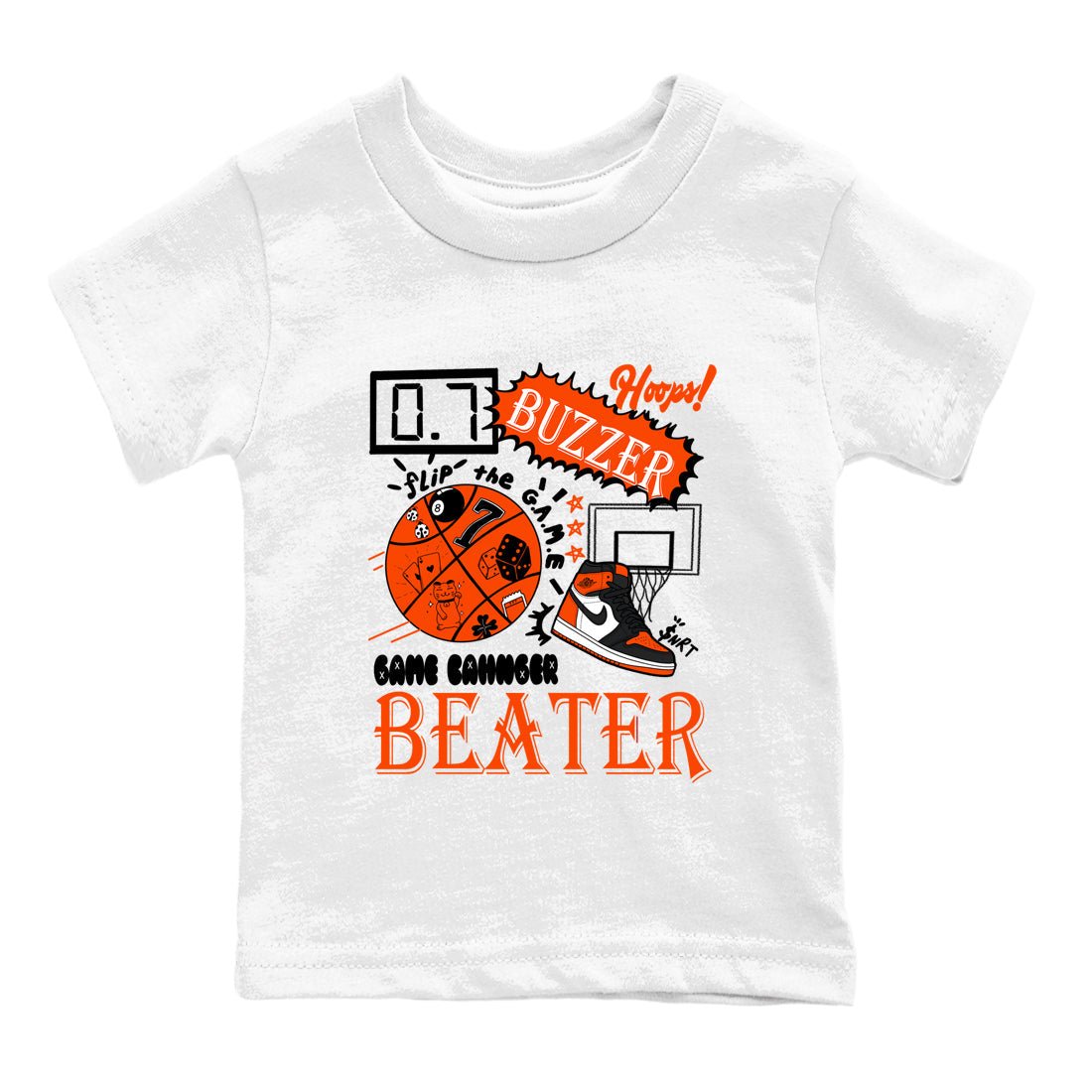 Game Changer baby and kids t-shirt crafted for little sneakerheads to shine with the Air Jordan 1 Shattered Backboard sneakers, displayed in White 2.