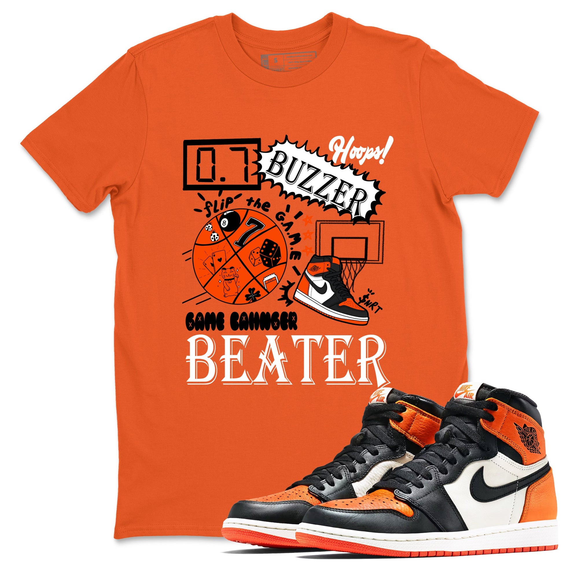 Game Changer sneaker match t-shirt styled to complete your fit with the Air Jordan 1 Shattered Backboard sneakers, shown in Orange 1.
