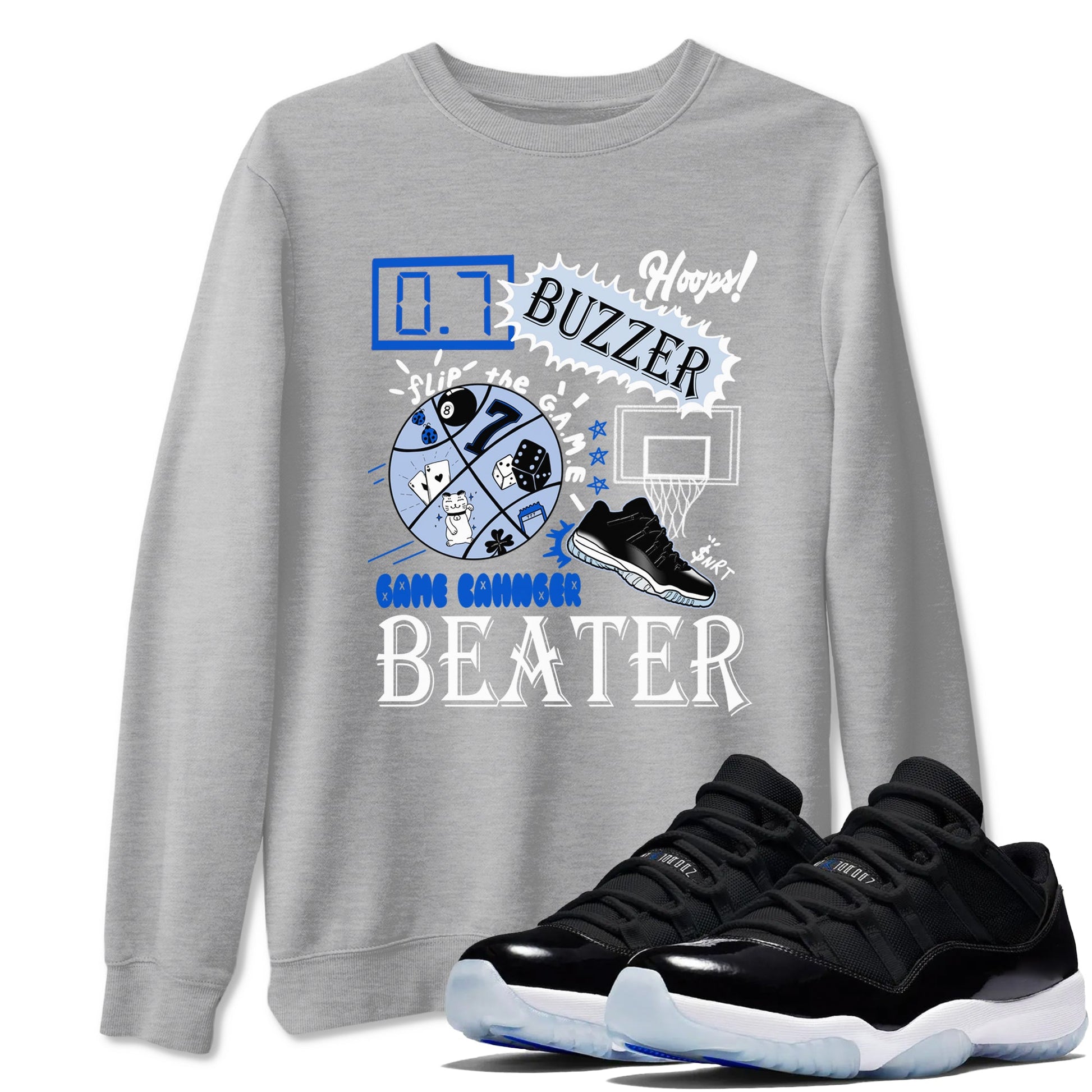 AJ11 Black and Varsity Royal shirt to match jordans Game Changer sneaker tees Air Jordan 11 Black and Varsity Royal SNRT Sneaker Release Tees unisex cotton Heather Grey 1 crew neck shirt