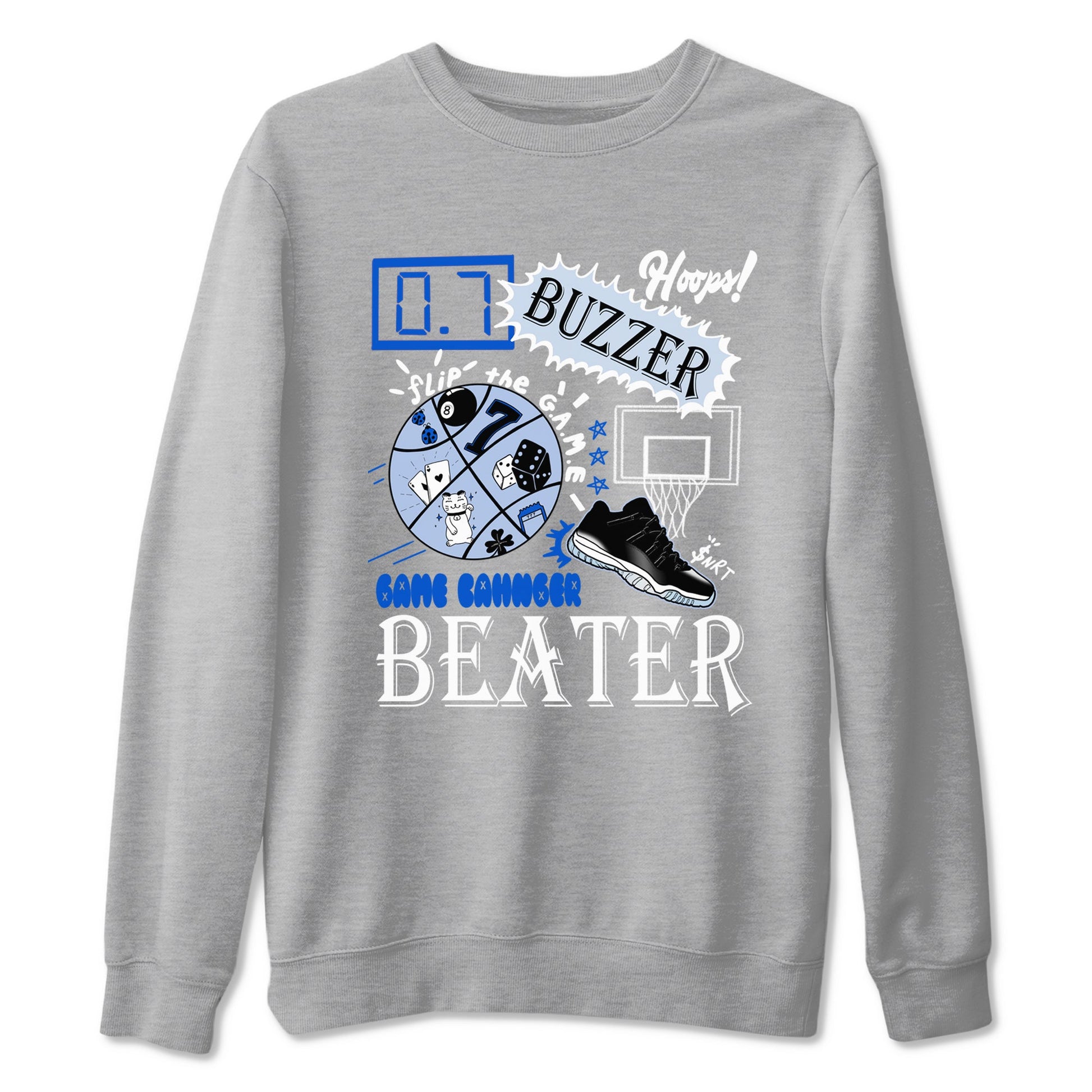 AJ11 Black and Varsity Royal shirt to match jordans Game Changer sneaker tees Air Jordan 11 Black and Varsity Royal SNRT Sneaker Release Tees unisex cotton Heather Grey 2 crew neck shirt