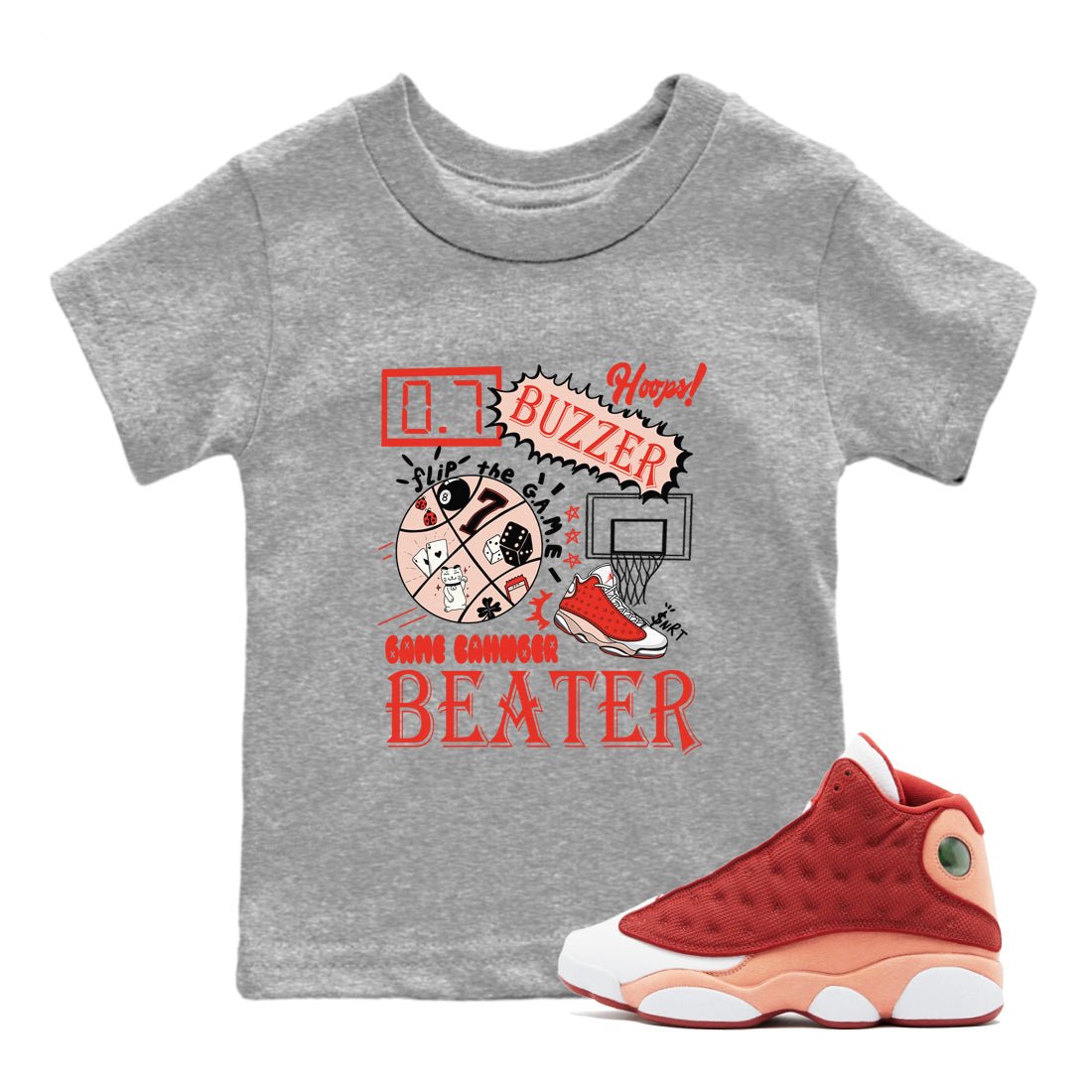 AJ13 Dune Red shirts to match jordans Game Changer sneaker match tees Air Jordan 13 Dune Red SNRT Sneaker Tees streetwear brand Baby and Youth Heather Grey 1 cotton tee