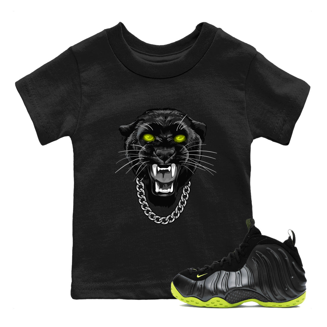 Foams One Black Volt shirts to match jordans Gangster Black Cat sneaker match tees Air Foamposite One Black and Volt match shoes to clothes SNRT Sneaker Tees Youth Baby Black 1 tee