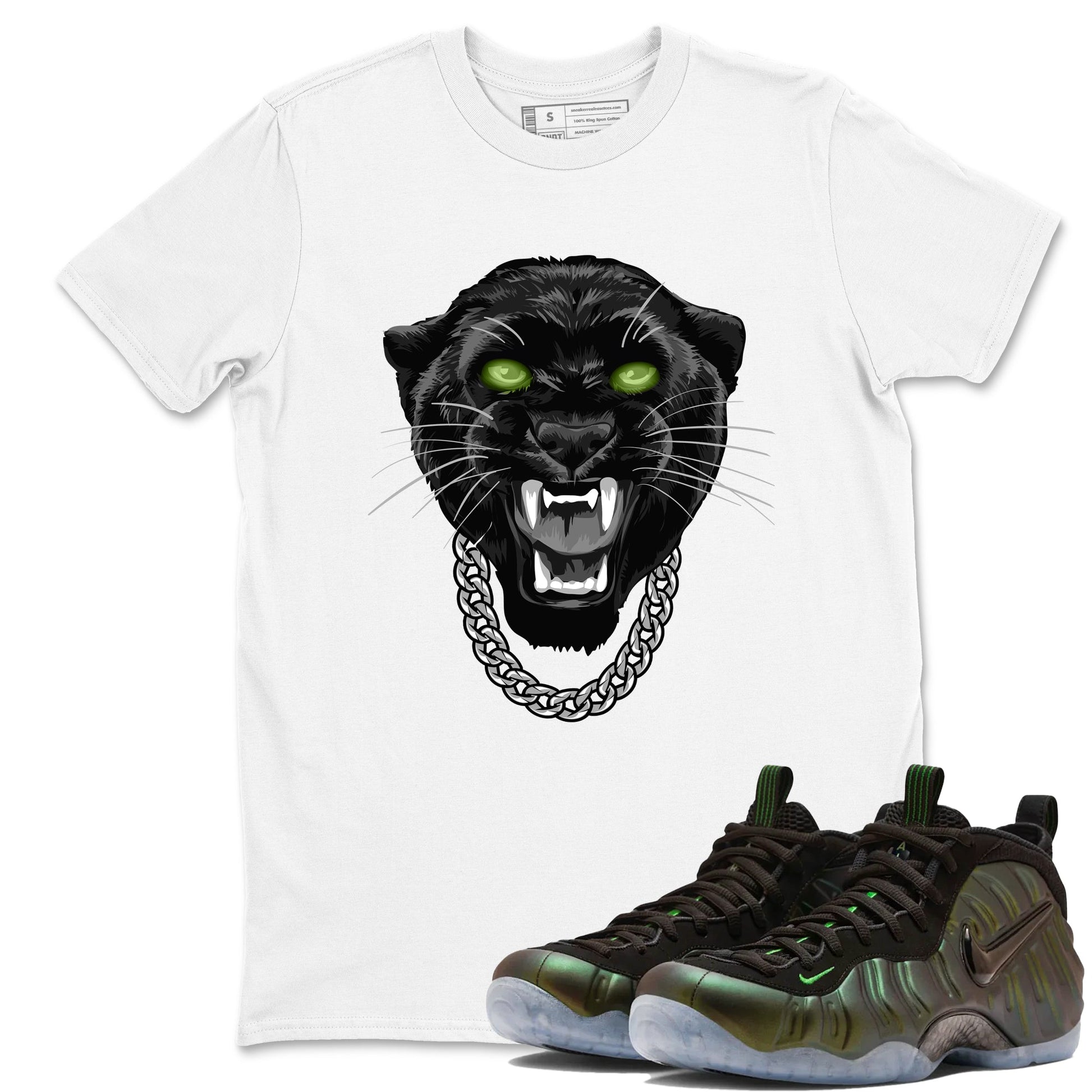 Best Christmas gifts for sneakerheads - Sneaker Tees To Match Air Foamposite One Pine Green Sneakers – Gangster Black Cat Tee White 1