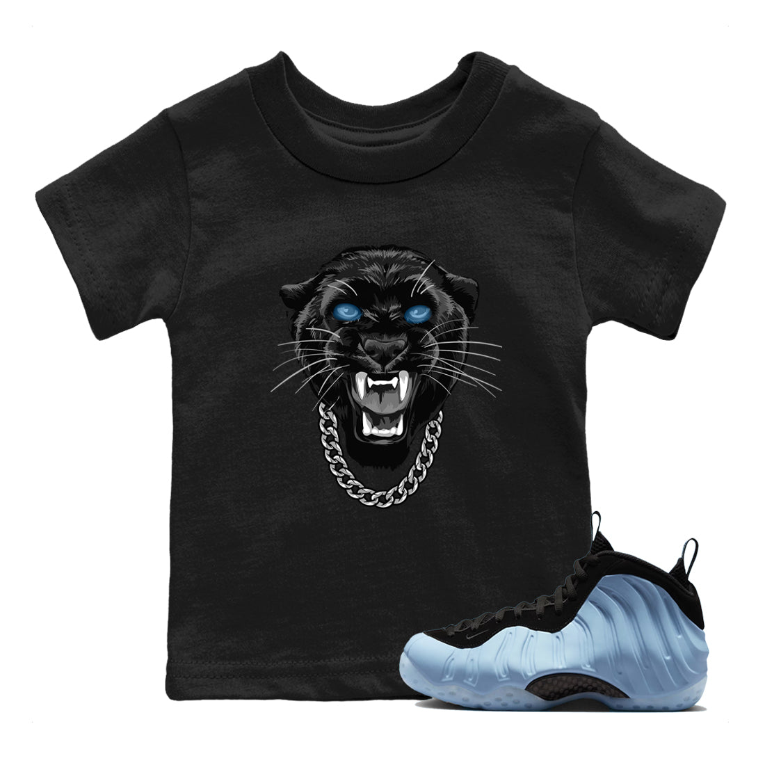 Gangster Black Cat baby and kids t-shirt crafted for little sneakerheads to shine with the Air Foamposite One Psychic Blue sneakers, displayed in Black 1.