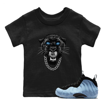 Gangster Black Cat baby and kids t-shirt crafted for little sneakerheads to shine with the Air Foamposite One Psychic Blue sneakers, displayed in Black 1.