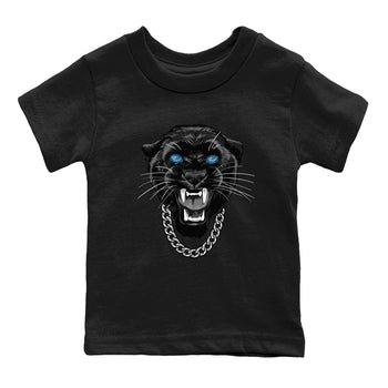 Gangster Black Cat baby and kids t-shirt crafted for little sneakerheads to shine with the Air Foamposite One Psychic Blue sneakers, displayed in Black 2.