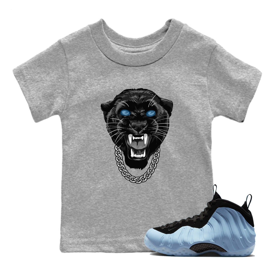Gangster Black Cat baby and kids t-shirt crafted for little sneakerheads to shine with the Air Foamposite One Psychic Blue sneakers, displayed in Heather Grey 1.
