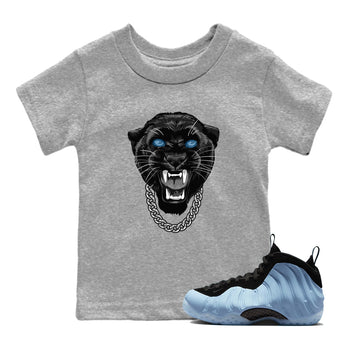 Gangster Black Cat baby and kids t-shirt crafted for little sneakerheads to shine with the Air Foamposite One Psychic Blue sneakers, displayed in Heather Grey 1.