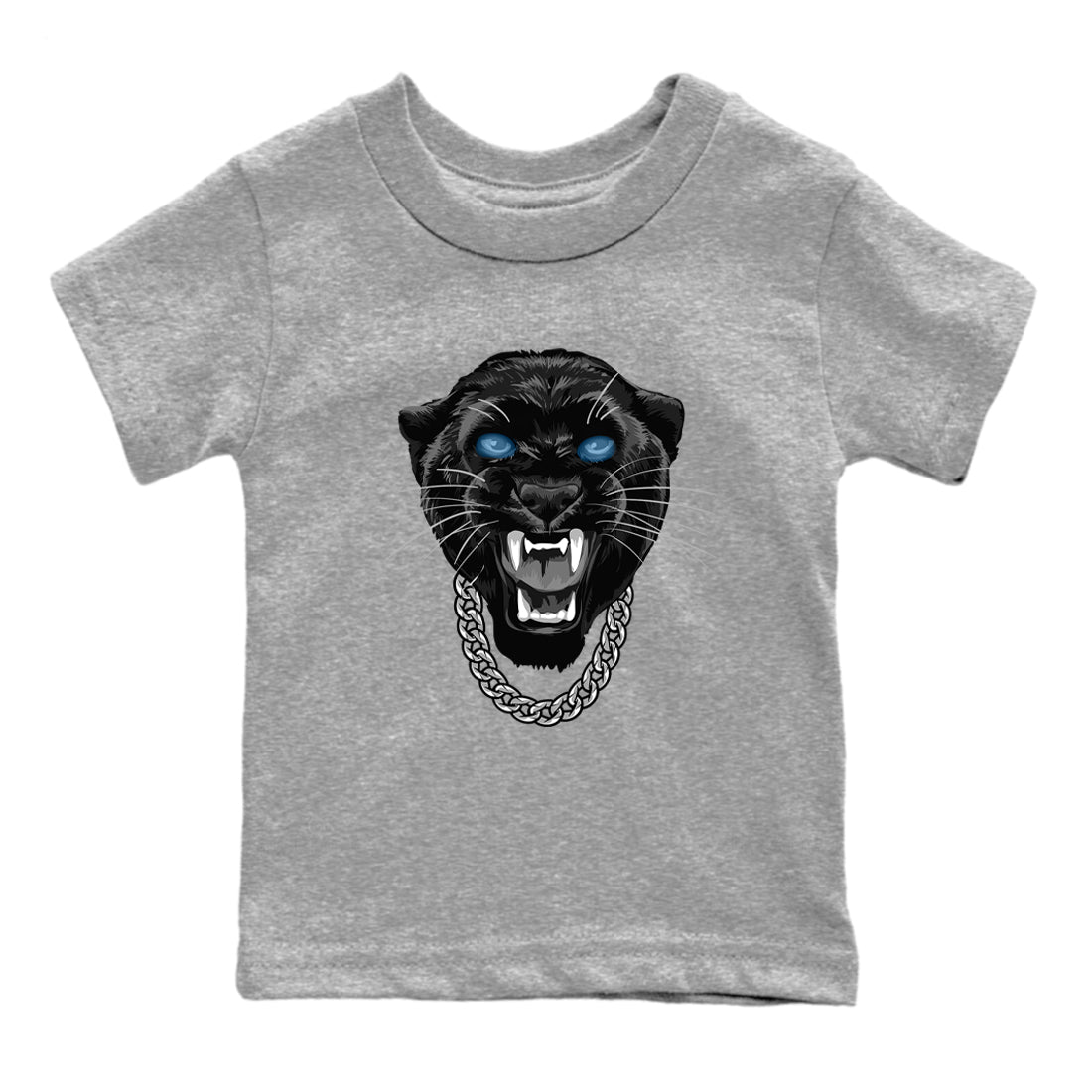 Gangster Black Cat baby and kids t-shirt crafted for little sneakerheads to shine with the Air Foamposite One Psychic Blue sneakers, displayed in Heather Grey 2.