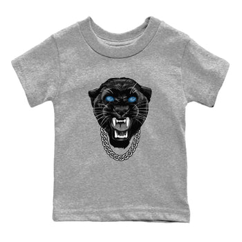 Gangster Black Cat baby and kids t-shirt crafted for little sneakerheads to shine with the Air Foamposite One Psychic Blue sneakers, displayed in Heather Grey 2.