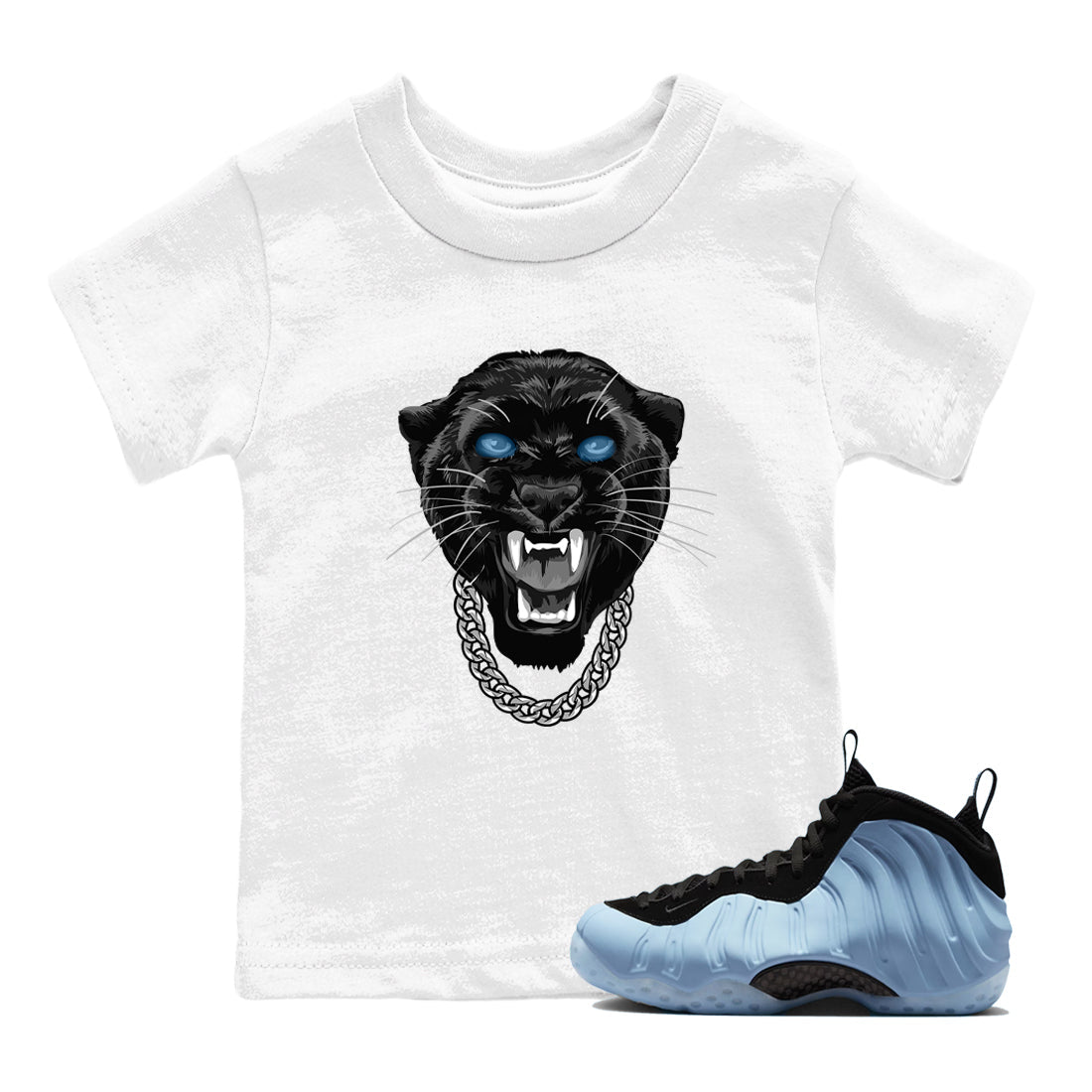 Gangster Black Cat baby and kids t-shirt crafted for little sneakerheads to shine with the Air Foamposite One Psychic Blue sneakers, displayed in White 1.