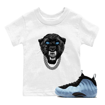 Gangster Black Cat baby and kids t-shirt crafted for little sneakerheads to shine with the Air Foamposite One Psychic Blue sneakers, displayed in White 1.
