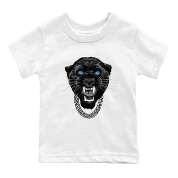 Gangster Black Cat baby and kids t-shirt crafted for little sneakerheads to shine with the Air Foamposite One Psychic Blue sneakers, displayed in White 2.