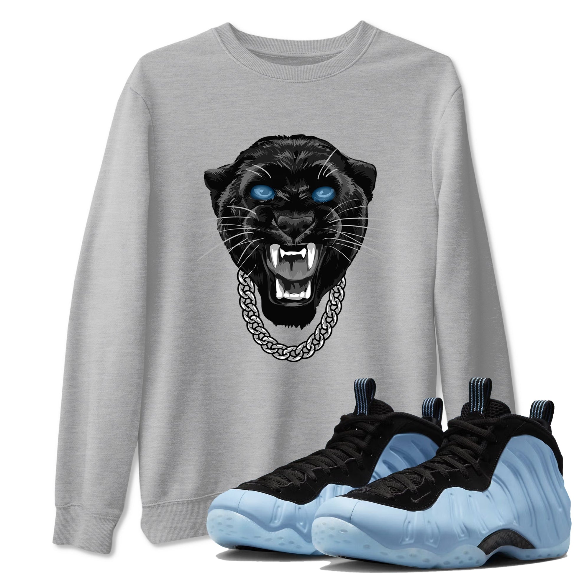 Gangster Black Cat sneaker match t-shirt styled to complete your fit with the Air Foamposite One Psychic Blue sneakers, shown in Heather Grey 1.