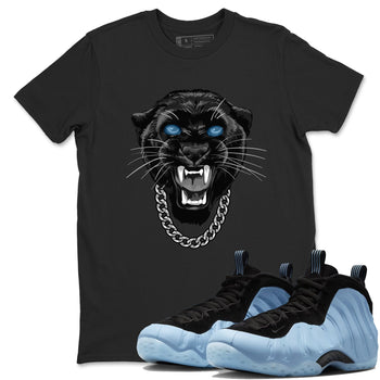 Gangster Black Cat sneaker match t-shirt styled to complete your fit with the Air Foamposite One Psychic Blue sneakers, shown in Black 1.
