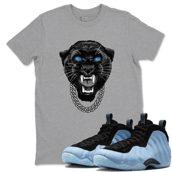 Gangster Black Cat sneaker match t-shirt styled to complete your fit with the Air Foamposite One Psychic Blue sneakers, shown in Heather Grey 1.