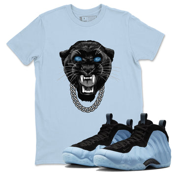 Gangster Black Cat sneaker match t-shirt styled to complete your fit with the Air Foamposite One Psychic Blue sneakers, shown in Light Blue 1.