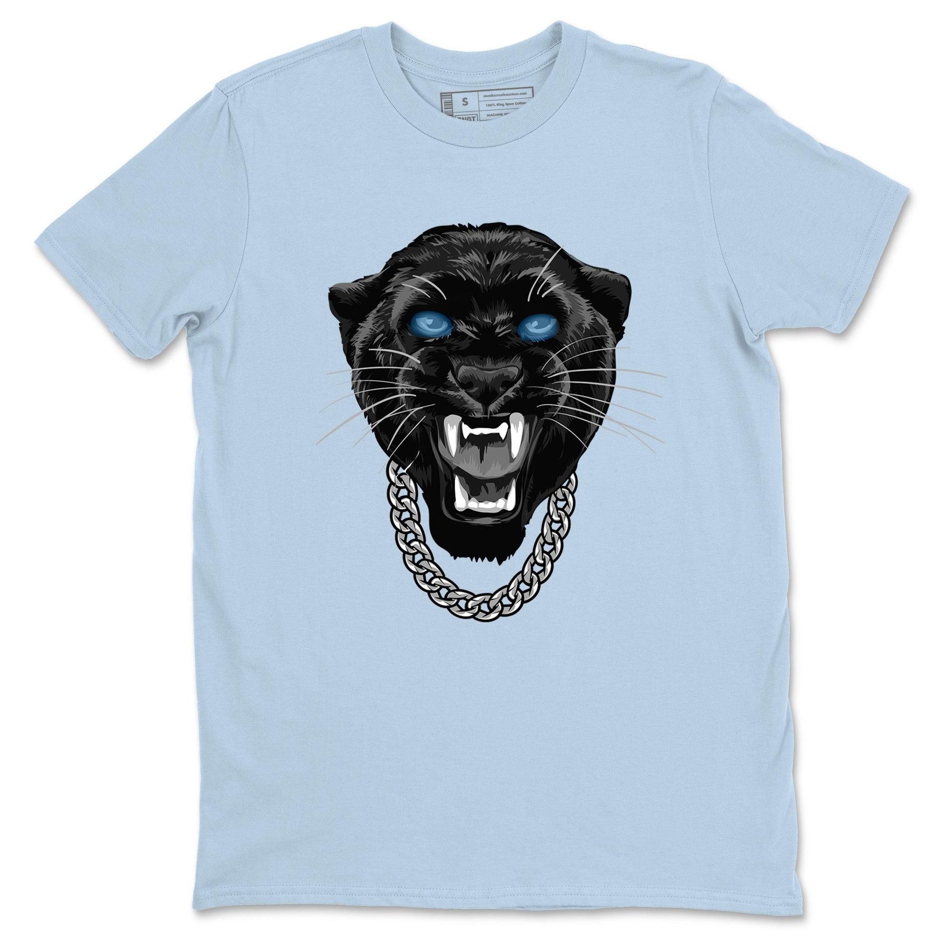 Gangster Black Cat sneaker match t-shirt styled to complete your fit with the Air Foamposite One Psychic Blue sneakers, shown in Light Blue 2.