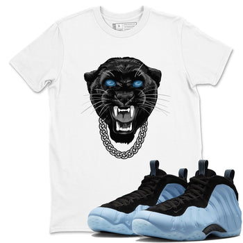 Gangster Black Cat sneaker match t-shirt styled to complete your fit with the Air Foamposite One Psychic Blue sneakers, shown in White 1.