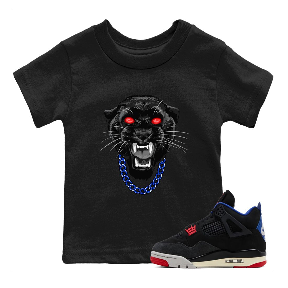 Gangster Black Cat baby and kids t-shirt crafted for little sneakerheads to shine with the Air Jordan 4 Rare Air sneakers, displayed in Black 1.