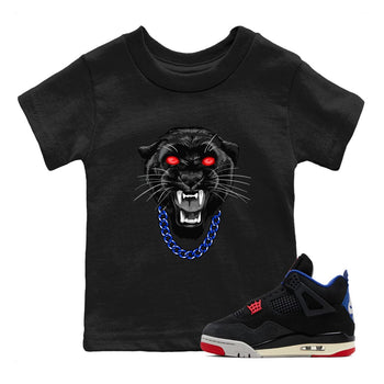 Gangster Black Cat baby and kids t-shirt crafted for little sneakerheads to shine with the Air Jordan 4 Rare Air sneakers, displayed in Black 1.