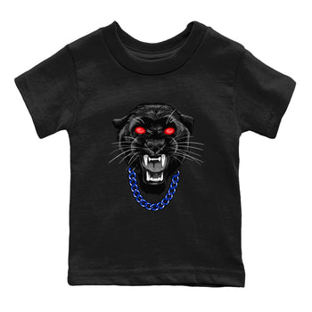 Gangster Black Cat baby and kids t-shirt crafted for little sneakerheads to shine with the Air Jordan 4 Rare Air sneakers, displayed in Black 2.