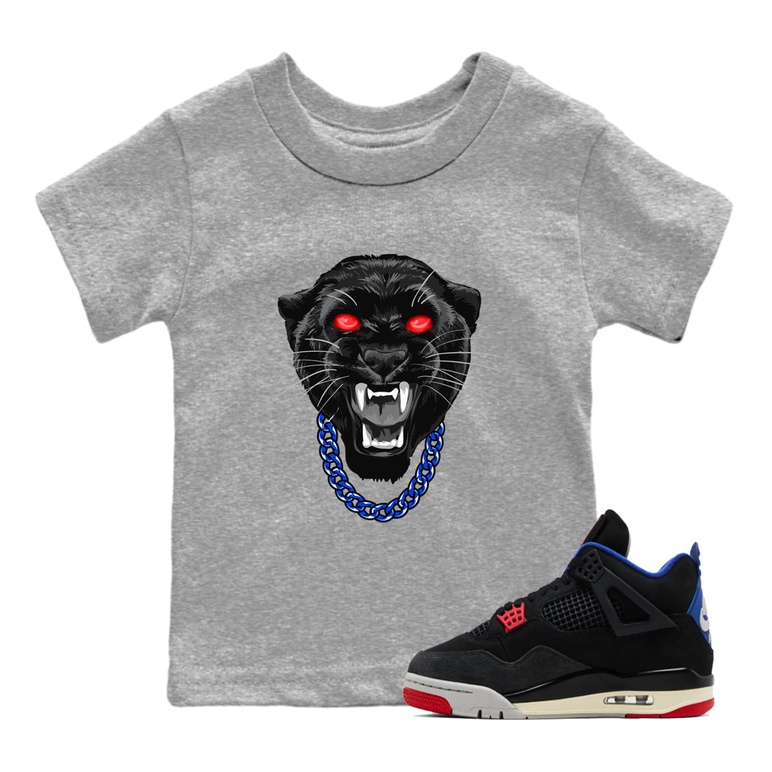 Gangster Black Cat baby and kids t-shirt crafted for little sneakerheads to shine with the Air Jordan 4 Rare Air sneakers, displayed in Heather Grey 1.