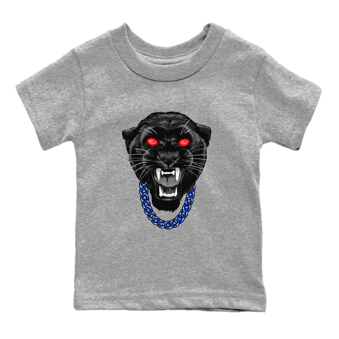 Gangster Black Cat baby and kids t-shirt crafted for little sneakerheads to shine with the Air Jordan 4 Rare Air sneakers, displayed in Heather Grey 2.