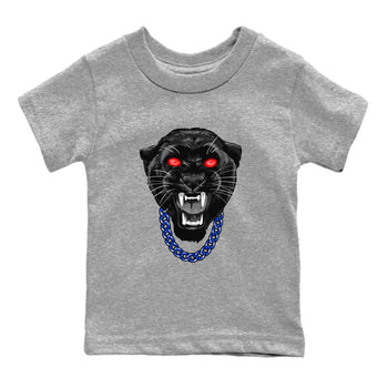Gangster Black Cat baby and kids t-shirt crafted for little sneakerheads to shine with the Air Jordan 4 Rare Air sneakers, displayed in Heather Grey 2.