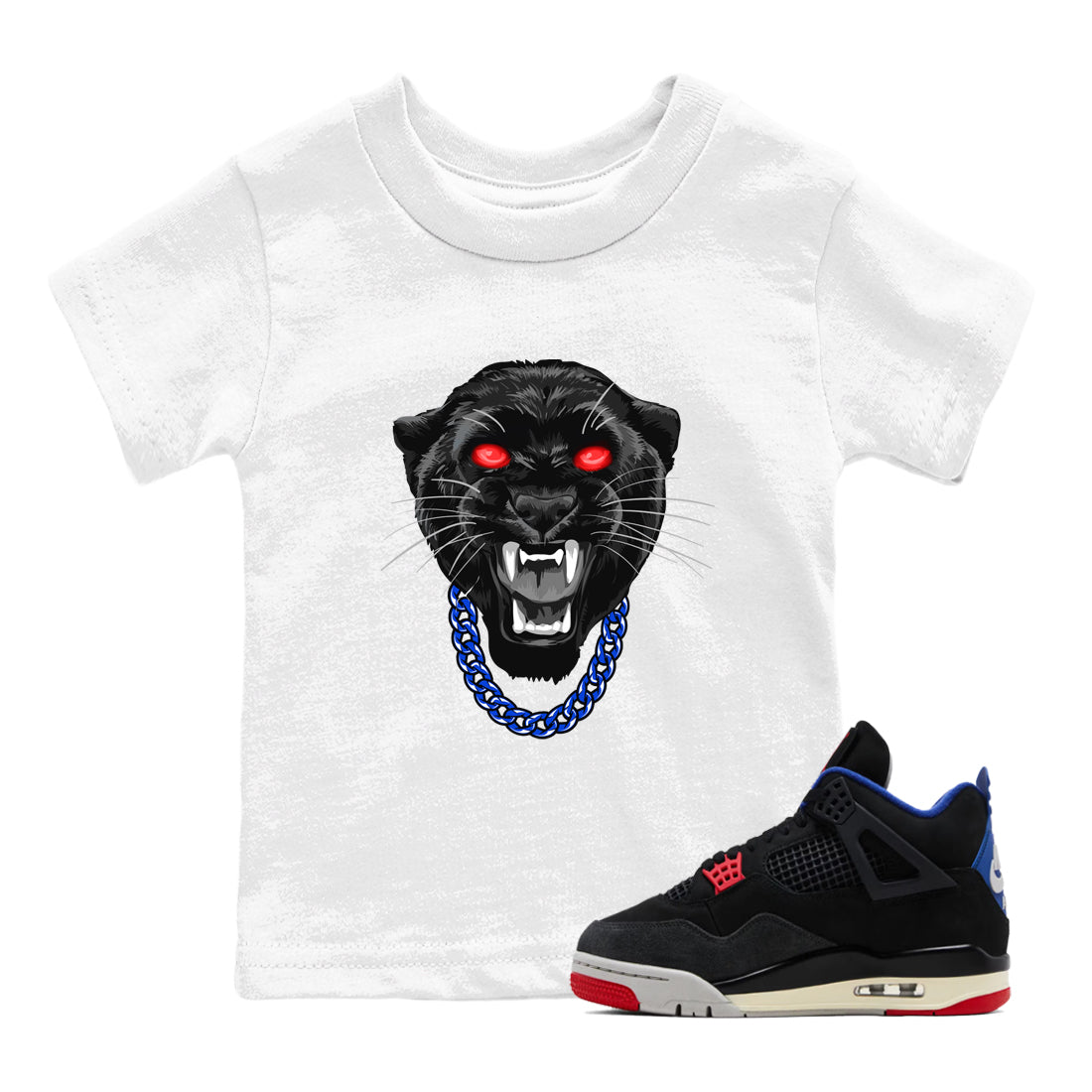 Gangster Black Cat baby and kids t-shirt crafted for little sneakerheads to shine with the Air Jordan 4 Rare Air sneakers, displayed in White 1.
