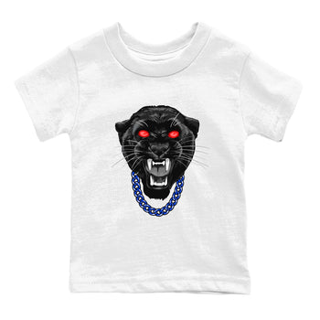 Gangster Black Cat baby and kids t-shirt crafted for little sneakerheads to shine with the Air Jordan 4 Rare Air sneakers, displayed in White 2.