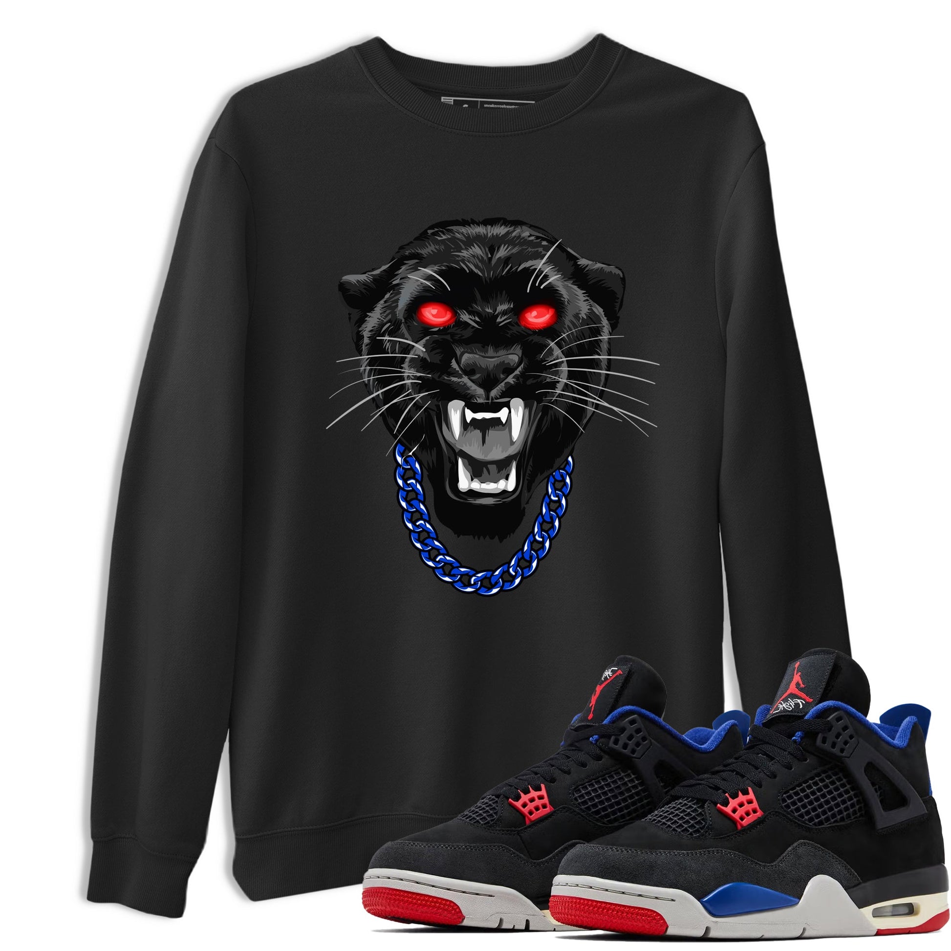 Gangster Black Cat sneaker match t-shirt styled to complete your fit with the Air Jordan 4 Rare Air sneakers, shown in Black 1.