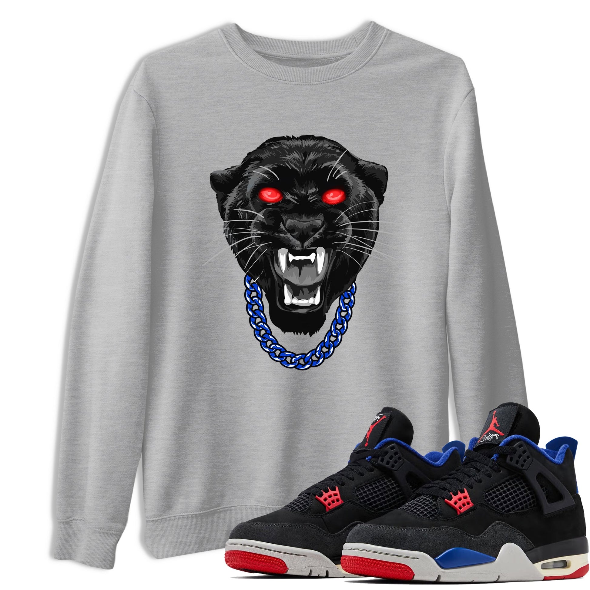 Gangster Black Cat sneaker match t-shirt styled to complete your fit with the Air Jordan 4 Rare Air sneakers, shown in Heather Grey 1.