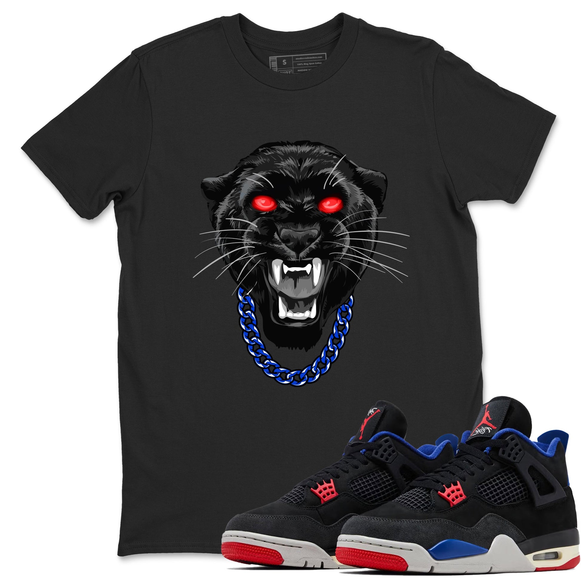 Gangster Black Cat sneaker match t-shirt styled to complete your fit with the Air Jordan 4 Rare Air sneakers, shown in Black 1.