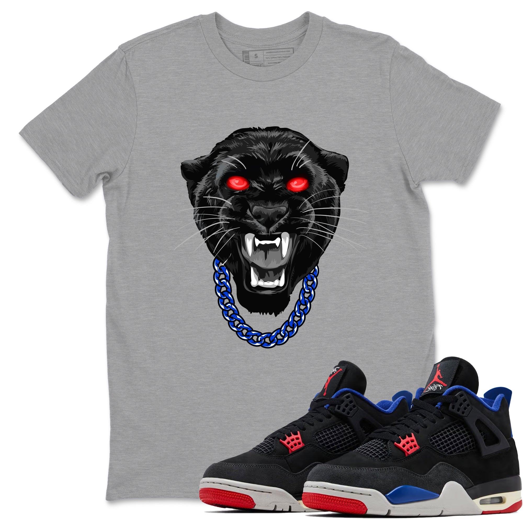 Gangster Black Cat sneaker match t-shirt styled to complete your fit with the Air Jordan 4 Rare Air sneakers, shown in Heather Grey 1.