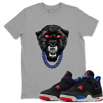 Gangster Black Cat sneaker match t-shirt styled to complete your fit with the Air Jordan 4 Rare Air sneakers, shown in Heather Grey 1.