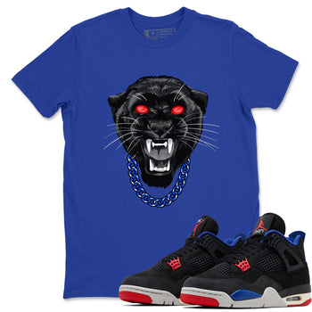 Gangster Black Cat sneaker match t-shirt styled to complete your fit with the Air Jordan 4 Rare Air sneakers, shown in Royal Blue 1.