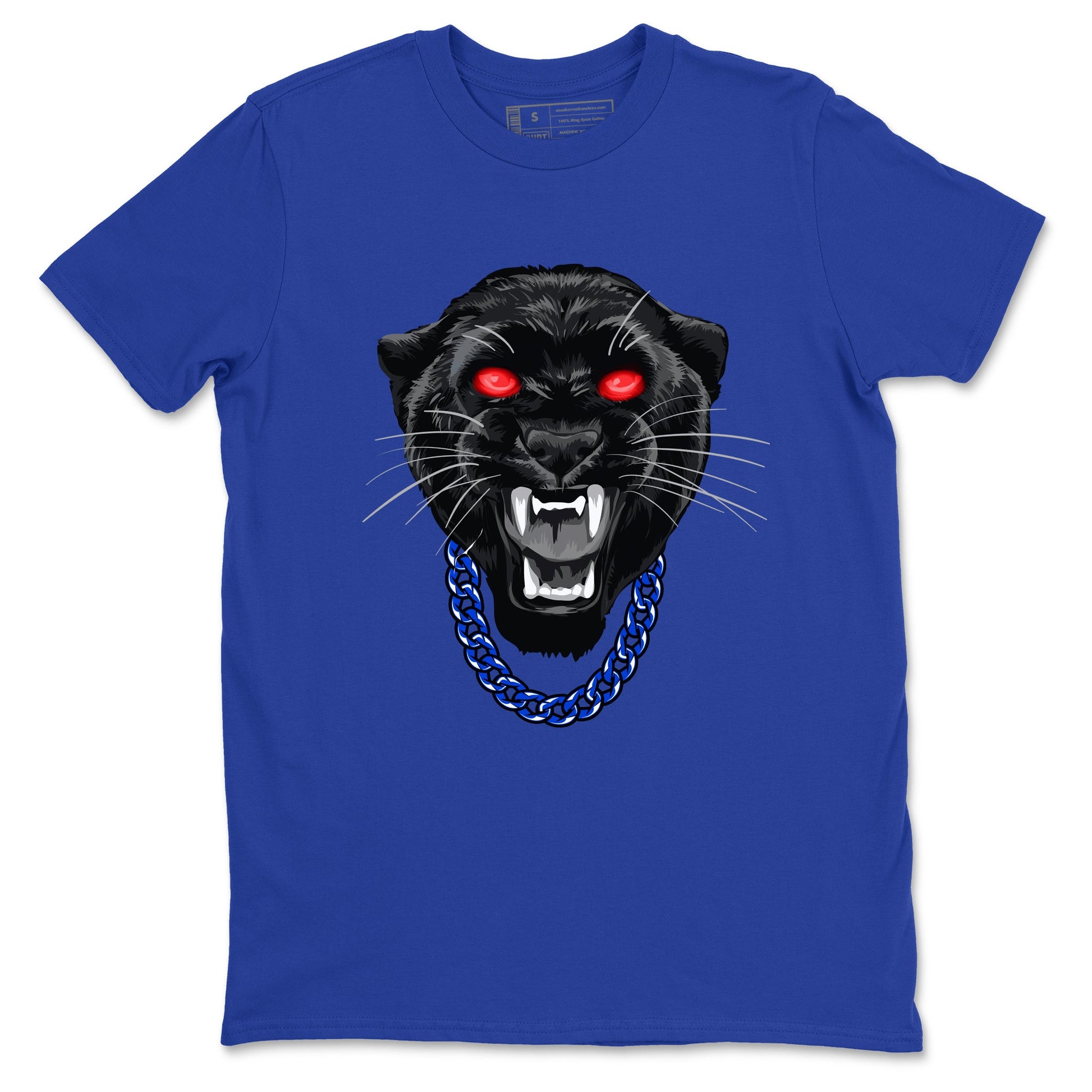 Gangster Black Cat sneaker match t-shirt styled to complete your fit with the Air Jordan 4 Rare Air sneakers, shown in Royal Blue 2.