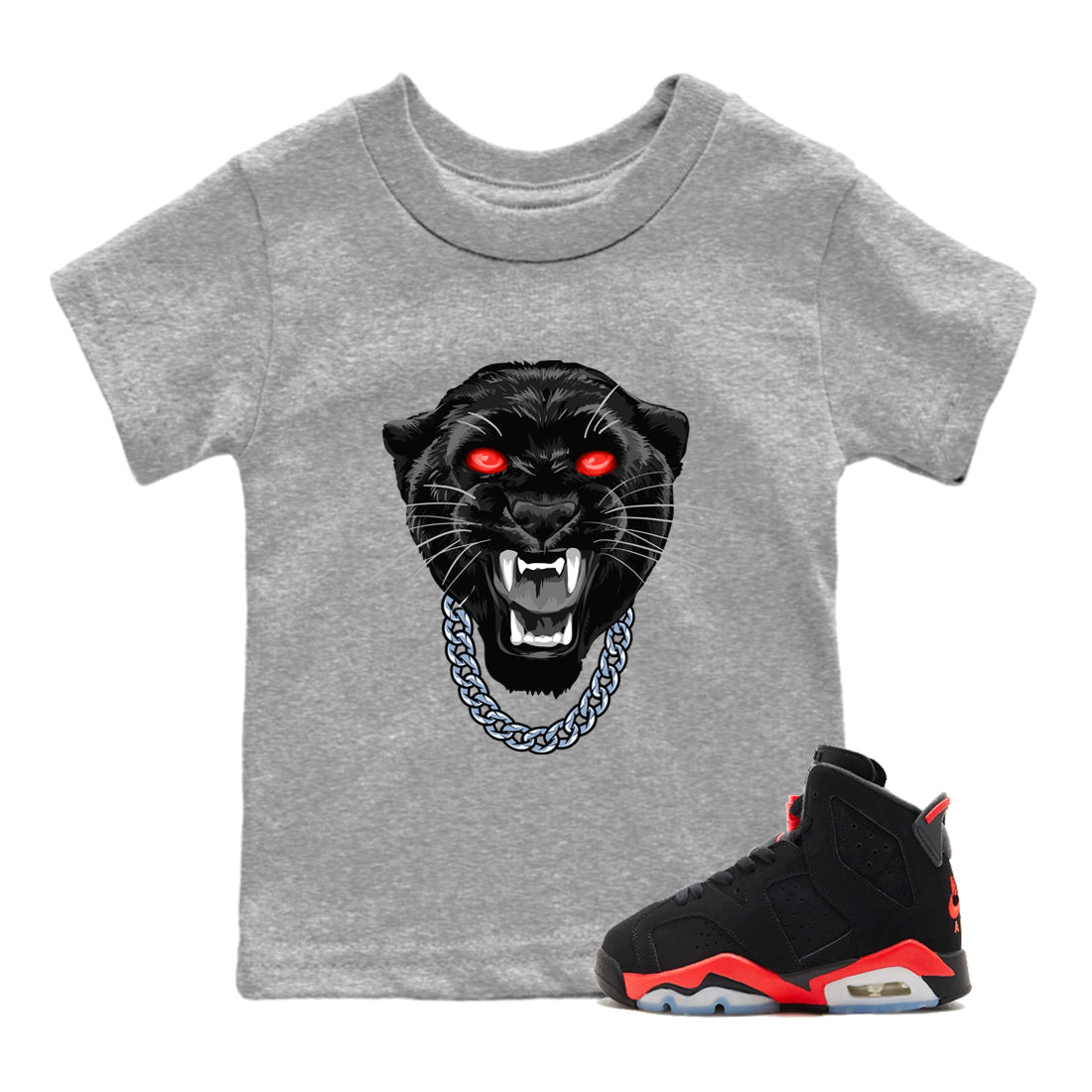 Perfect Valentine's Day Gifts graphic tee  – Sneaker Tees To Match Air Jordan 6 Reverse Infrared – Gangster Black Cat Kids Graphic T-Shirt Heather Grey 1