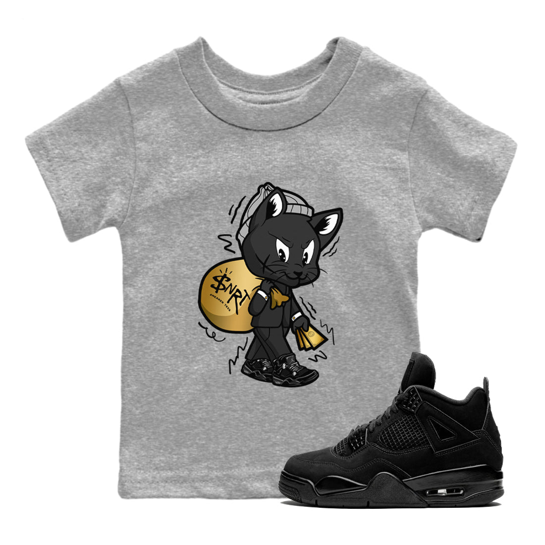 4s Black Cat shirts to match jordans Gangster Cat sneaker match tees Air Jordan 4 Black Cat match shoes to clothes SNRT Sneaker Tees Youth Baby Heather Grey 1 tee