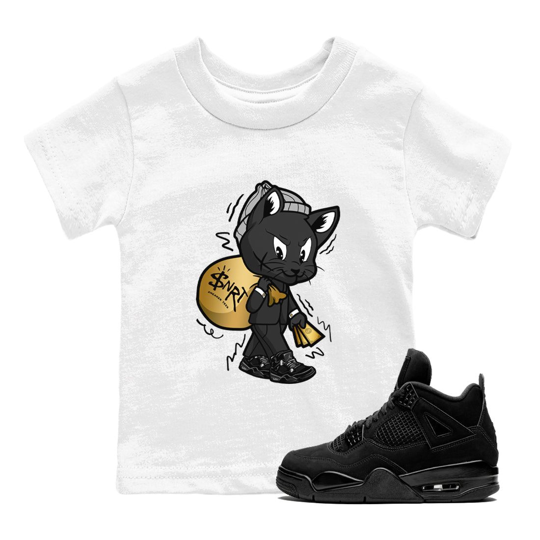 4s Black Cat shirts to match jordans Gangster Cat sneaker match tees Air Jordan 4 Black Cat match shoes to clothes SNRT Sneaker Tees Youth Baby White 1 tee