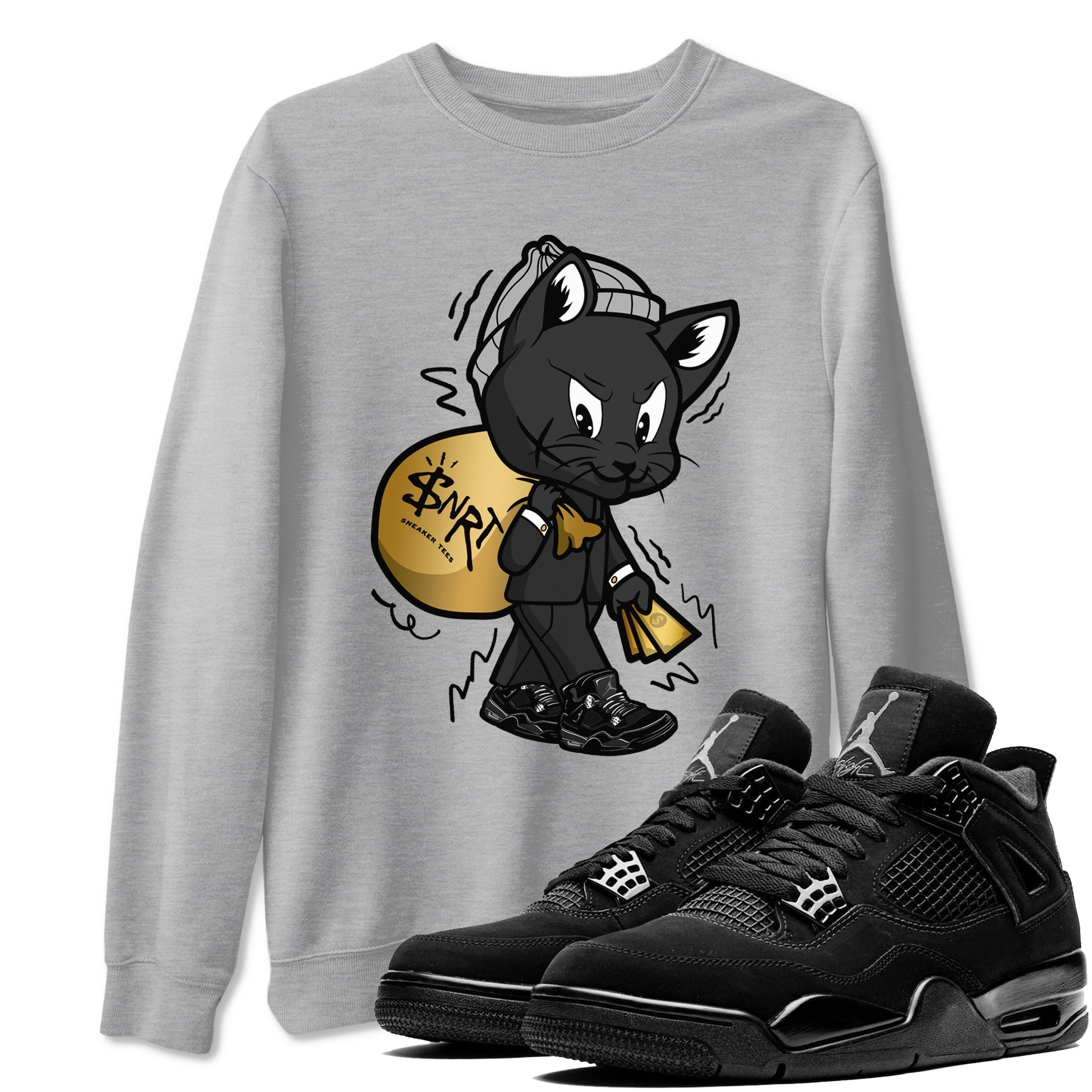 4s Black Cat shirts to match jordans Gangster Cat sneaker match tees Air Jordan 4 Black Cat match shoes to clothes SNRT Sneaker Tees unisex cotton Heather Grey 1 shirts