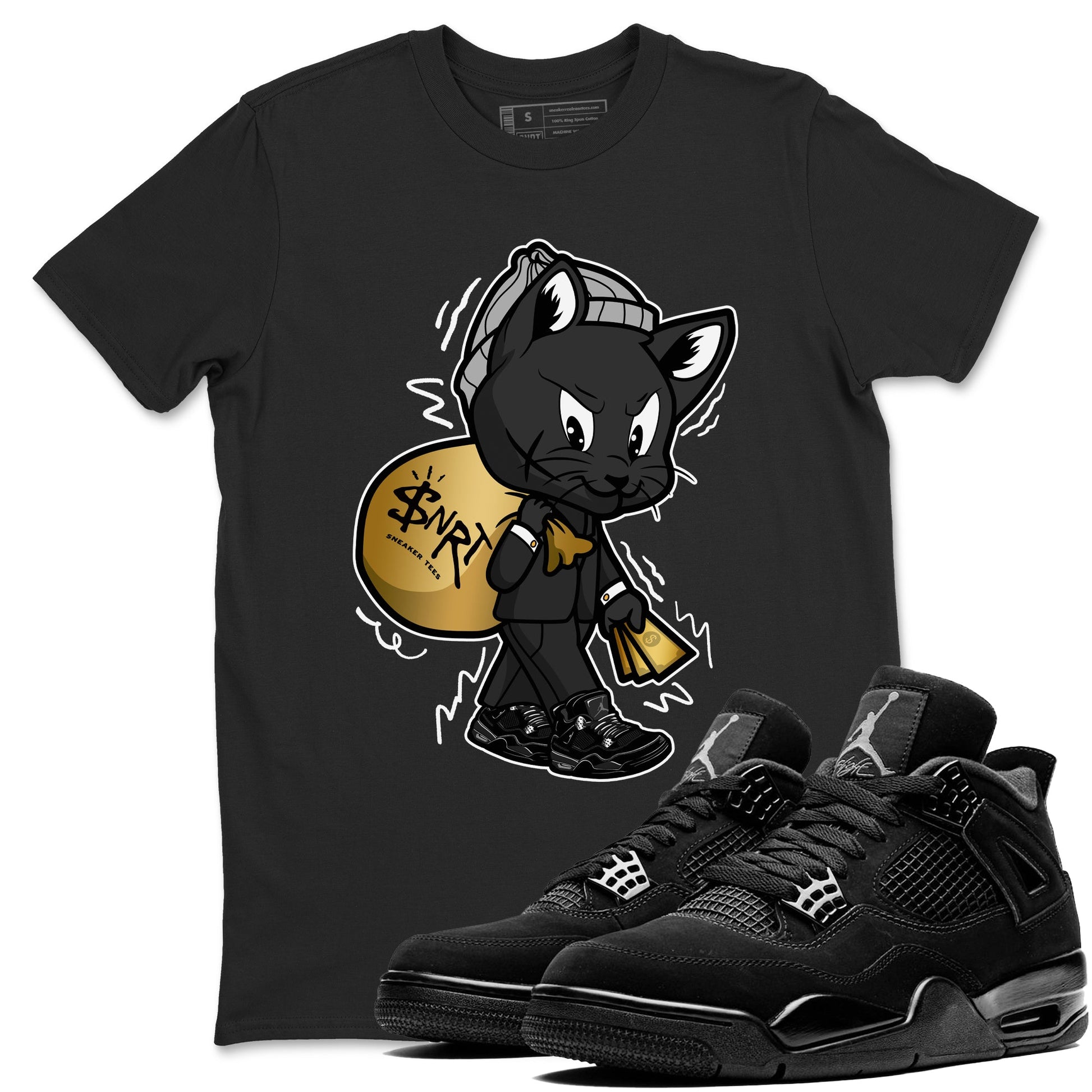 4s Black Cat shirts to match jordans Gangster Cat sneaker match tees Air Jordan 4 Black Cat match shoes to clothes SNRT Sneaker Tees unisex cotton Black 1 shirts