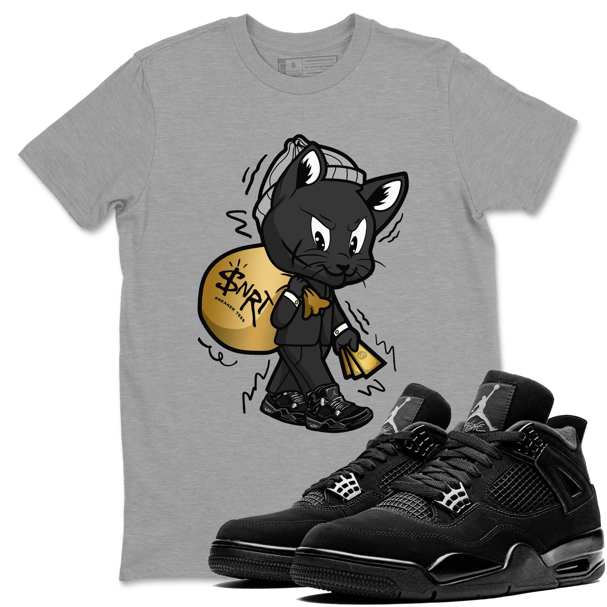 4s Black Cat shirts to match jordans Gangster Cat sneaker match tees Air Jordan 4 Black Cat match shoes to clothes SNRT Sneaker Tees unisex cotton Heather Grey 1 shirts