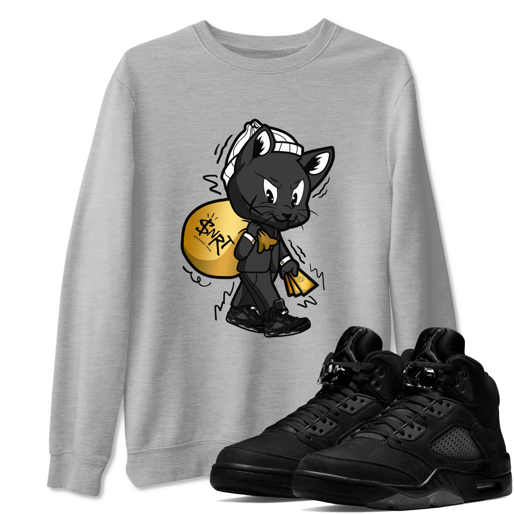 5s Black Cat shirts to match jordans Gangster Cat sneaker match tees Air Jordan 5 Black Cat SNRT Sneaker Release Tees unisex cotton Heather Grey 1 crew neck shirts
