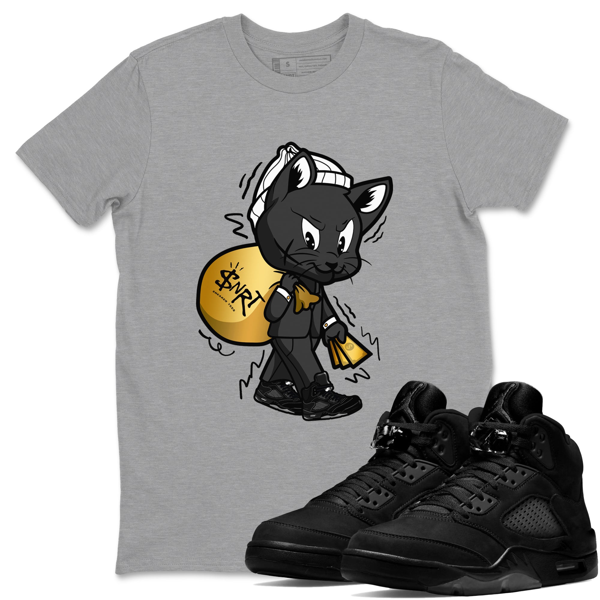 5s Black Cat shirts to match jordans Gangster Cat sneaker match tees Air Jordan 5 Black Cat SNRT Sneaker Release Tees unisex cotton Heather Grey 1 crew neck shirts
